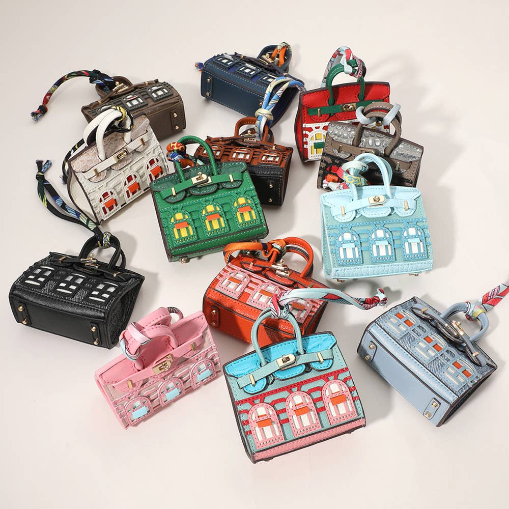 House printed faux leather mini purse - Bag charm - Camel